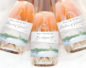 Mini Champagne Bottle Labels, Will You Be My Bridesmaid, Bridesmaid Proposal, Printable, Maid of Honor, Mountain, Lake, Trees, Outdoor