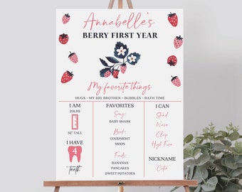 Editable Berry First Birthday Milestone Sign Template, Milestone Board, 1st Birthday Decor, Download, Strawberry Birthday, Sweet Birthday