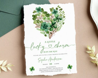 May include: A green shamrock heart design baby shower invitation with the text "A little lucky charm is on the way" and the name "Sophia Anderson". The invitation includes the date and time of the shower, the location, and the registry information.
