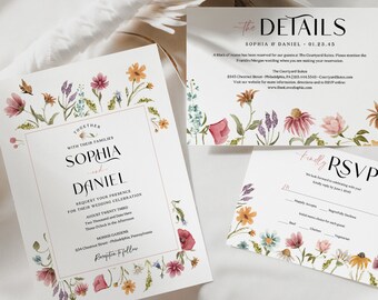 Op de afbeelding: Bruiloft briefpapier set met bloemen aquarel ontwerpen. De set bevat een uitnodiging, een detailkaart en een RSVP-kaart. De uitnodiging toont de namen "Sophia & Daniel" en huwelijksdetails. De kaarten zijn versierd met kleurrijke bloemen.