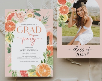 Tropical Citrus Graduation Party Invite Template, Lemon Grad Party Invitation, Printable Graduation Party, Download, Grapefruit, Tangerine