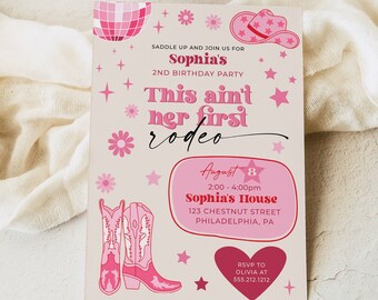 Pink Cowgirl 2nd Birthday Party Invitation Template, Pink disco Cowgirl Party, Rodeo Girl Birthday Party, This Ain't Her First Rodeo, West