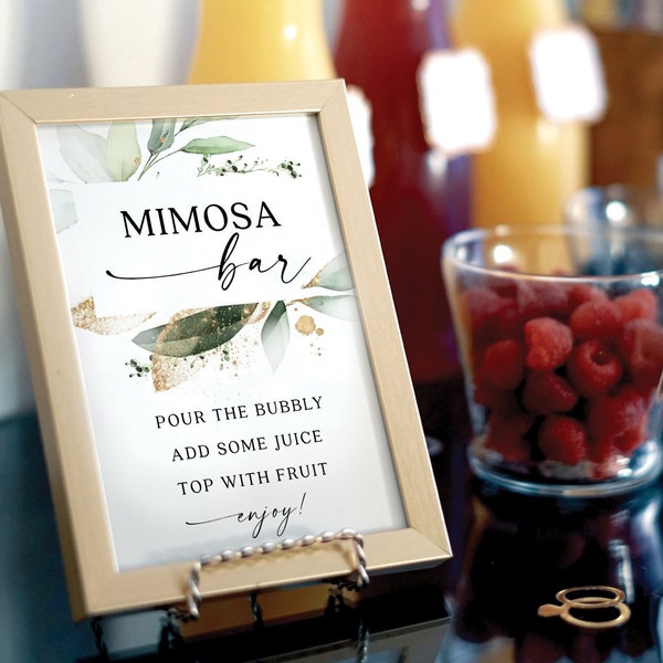 Watercolor Greenery Mimosa Bar Sign and Tags, Wedding Mimosa Bar Sign Template, Instant Download, Editable, Baby Shower, Bridal Shower Sign