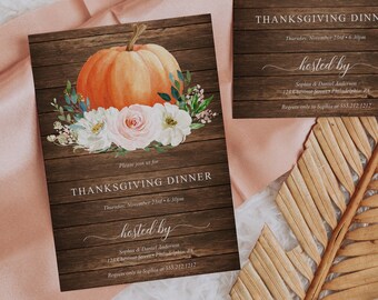 May include: Thanksgiving dinner invitations featuring an orange pumpkin, white and pink flowers, and green foliage on a rustic wooden background. The text reads "Thanksgiving Dinner" and includes the date, time, and host's information. The design is by Creative Union Design.