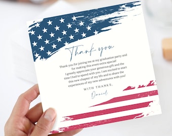 American Flag Thank You Card Template, Printable Square Card, Editable, Instant Download, Graduation Thank You Card, Police, Military