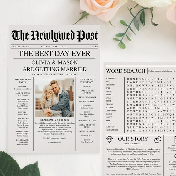5x7 Newspaper Wedding Program, Printable Program Template, Printable Program for Wedding, Unique Wedding Program, Newspaper, Welcome Bag, A5