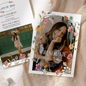 Wildflower Graduation Announcement Template, Class of 2026, Floral Graduation Party Invite, Grad Announcement Card with Photos, High School