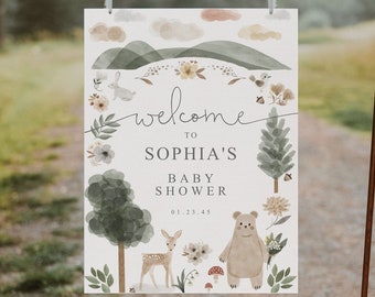 Boho Woodland Editable Baby Shower Welcome Sign Template, Welcome Baby Shower, Printable, Instant Download, Gender Neutral, Bear Baby Shower