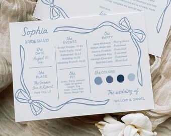 Bridesmaid Info Card Template Will You Be My Bridesmaid Hand Drawn Bridesmaid Card Bridesmaid Gifts Wedding Personalized Card Coquette Bow