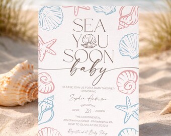 Sea You Soon Baby Shower Invitation Template | Beach Baby Shower | Coastal Ocean Baby Invite | Gender Reveal | Digital Download | Sea Shells