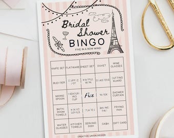 Gra w bingo na wieczór panieński w Paryżu, ręcznie rysowane francuskie gry na wieczór panieński, nowoczesne dekoracje na wieczór panieński, pobierz, brunch na wieczór panieński, wieża Eiffla