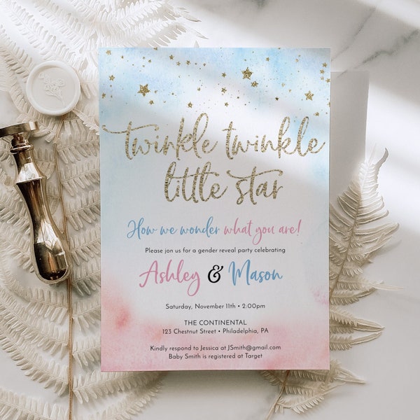 Twinkle Twinkle Little Star Gender Reveal Invitation Template, Printable Baby Shower Invite, Gender Reveal Invite, Boy or Girl, Download