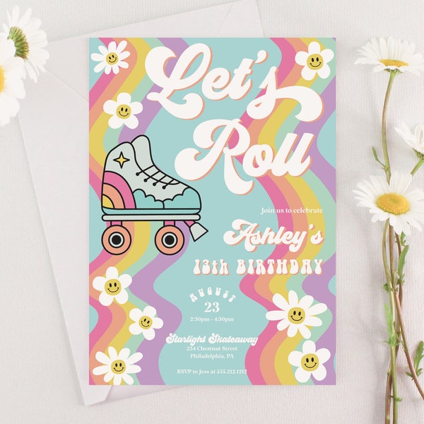 Let's Roll Roller Skate Birthday Party Invitation Template Daisy Birthday Invite Retro Roller Rainbow Girl Birthday Party Tween Skating