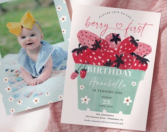Modern Berry First Birthday Invite Template, Strawberry 1st Birthday Invitation, Berry 1st Birthday Party, Girl Birthday Party, Strawberries