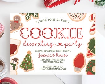 May include: A Christmas-themed invitation for a cookie decorating party. The design includes gingerbread cookies and festive illustrations. The text reads "COOKIE decorating party" with the date, time, and location.