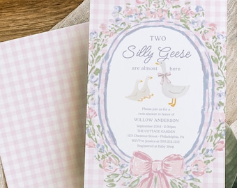 Cottagecore Silly Goose Twin Baby Shower Invitation Editable Template | Garden Manor | Vintage Baby Shower Invite Printable | Silly Geese