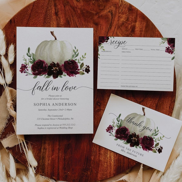 Fall Bridal Shower Invitation Set Template, Printable Burgundy Pumpkin, Fall In Love, Editable, Invite, Thank You Card, Recipe Card, Suite