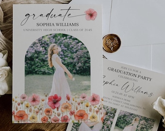 Wildflower Graduation Announcement Template | Class of 2026 | Floral Graduation Party Invite | Grad Announcement Card with Photos