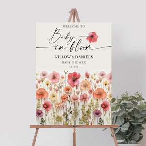 Bearbeitbare Wildblumen Willkommensschild Vorlage, druckbare Babyparty Willkommensschild, Baby in Bloom, Dusche Dekor, Blumenstielen, bunte Blumen