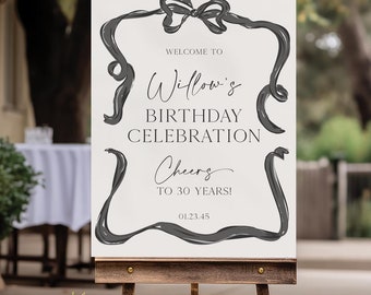 Schwarze Schleife Geburtstag Willkommen Zeichen Vorlage, Hand gezeichnet Willkommen Geburtstagsparty, Printable, Sofortiger Download, Geburtstag Dekor, Band, Elegant