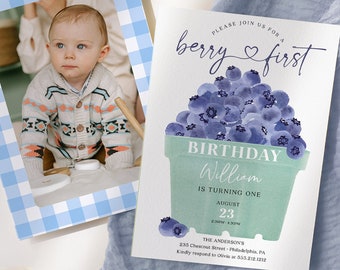 Berry First Birthday Invite Template, Blueberry 1st Birthday Invitation, Berry Birthday Party, Printable Boy Birthday Party, Blueberries