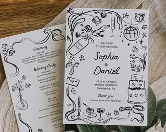 Hand Drawn Wedding Program Template, 5x7 Wedding Ceremony Program Printable, Whimsical Wedding Program, Welcome, Unique Wedding Program