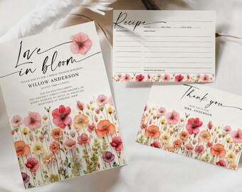 Wildflower Bridal Shower Invitation Set Template, Flower Stems Printable Editable Invite, Thank You Card, Recipe Card, Bridal Brunch