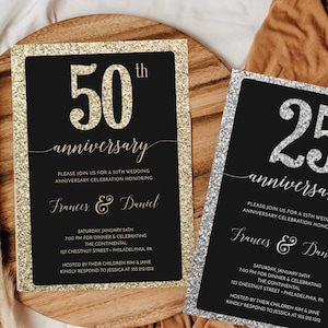 Anniversary Invitation Template, 50th Anniversary Invite, 25th Anniversary Invite, Gold Silver, Editable Printable, Download, 50th Wedding