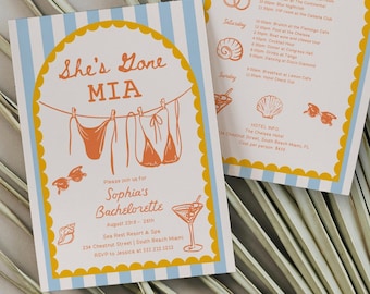 She's Gone MIA Bachelorette Party Invitation and Itinerary Template | Modern Coastal | Bachelorette Weekend Invite | Hand Drawn Bikini