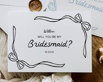 Sjabloon voor een kaart om je bruidsmeisje te vragen: Wil je mijn bruidsmeisje zijn? Handgetekende kaart voor bruidsmeisjes, cadeaus voor bruidsmeisjes, gepersonaliseerde trouwstrik, Coquette