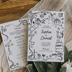 Hand Drawn Wedding Program Template, 5x7 Wedding Ceremony Program Printable, Whimsical Wedding Program, Welcome, Unique Wedding Program