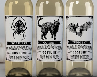 Concours de costumes d'Halloween, Étiquettes de vin d'Halloween, Décoration de fête d'Halloween, Étiquettes de vin imprimables, Cadeaux pour fête d'anniversaire, Meilleur déguisement, Gagnant