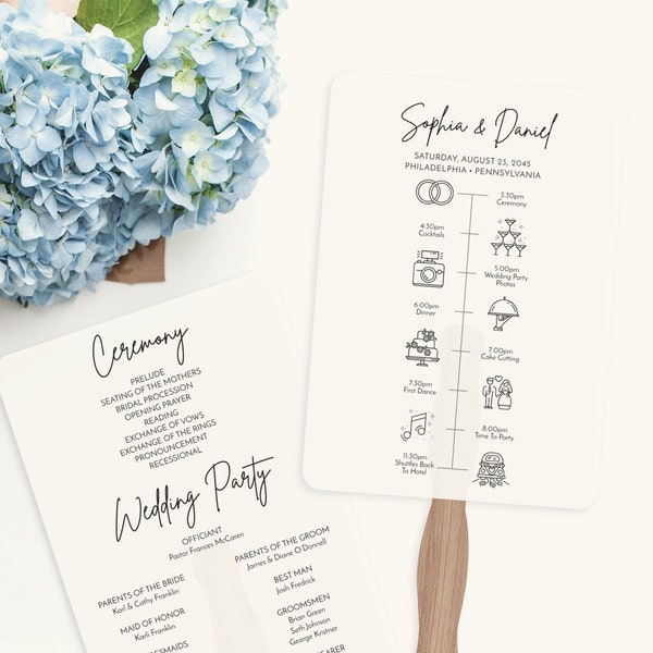 Modern Minimalist Wedding Program Fan Template, Printable Program Fan, Fans for Guests, Wedding Timeline, Editable Wedding Programs, Modern