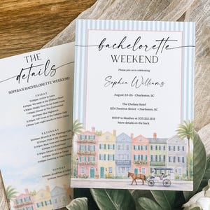 May include: Two invitation cards for a bachelorette weekend. The main card has a light blue striped background with text that reads "bachelorette weekend" and event details. The second card lists the weekend's schedule. Both cards feature a watercolor illustration of colorful buildings.