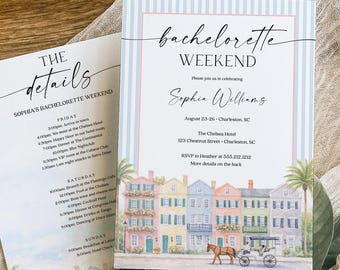 Charleston Bachelorette Party Invitation and Itinerary Template | Bachelorette Weekend Invite | Preppy | Watercolor | Digital Template