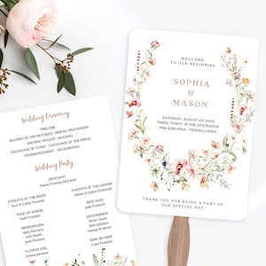 Dainty Wildflower Wedding Program Fan Template, Editable Program Fan, Printable Wedding Programs, Wedding Fan for Guests, Wildflowers
