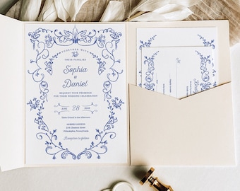 Something Blue Wedding Invitation Template Set, Botanical Wedding Invitation Template Download, Invitation Suite, Chinoiserie Blue Victorian