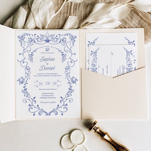 Something Blue Wedding Invitation Template Set, Botanical Wedding Invitation Template Download, Invitation Suite, Chinoiserie Blue Victorian