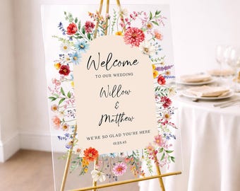 PRINTED & FREE SHIPPED Personalized Wildflower Wedding Welcome Sign | Acrylic Welcome Sign | Floral Arch | Custom Wedding Entrance Sign