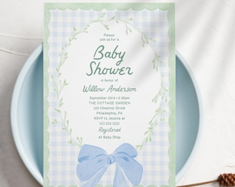 Cottagecore Vintage Baby Shower Invitation Template Greenery Boy Baby Shower Printable Template Instant Download Hand Painted Blue Bow