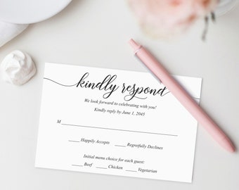 Printable RSVP Card Template, Editable Wedding Response Card, Kindly Reply, Bridal Shower RSVP Cards, Instant Download, Classic Calligraphy
