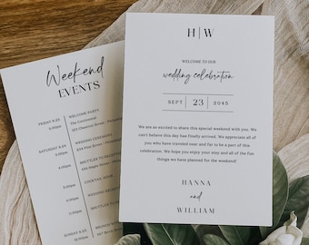 Elegant Monogram Wedding Itinerary Template, Printable Wedding Welcome Bag Letter, Weekend Schedule, Information for Guests, Order of Event