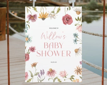 Può includere: Un cartello bianco per baby shower con un bordo floreale. Il cartello dice "Benvenuti al Baby Shower di Willow" e include la data "01.23.45".