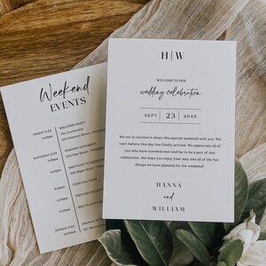 Plantilla elegante de itinerario de boda con monograma, carta imprimible para la bolsa de bienvenida a la boda, programa de fin de semana, información para los invitados, orden del evento