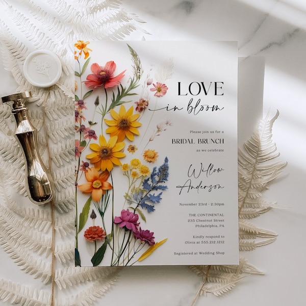 Love In Bloom, Wildflower Bridal Shower Invite Template, Pressed Flowers, Printable Bridal Shower Invitation, Download, Colorful Flowers