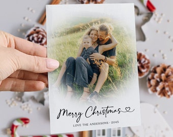 Christmas Card with Photo Template, Printable Christmas Cards, Family Photo Holiday Card, New Year's Card, Calligraphy, Heart, Download, DIY