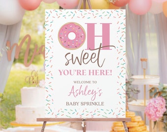 Modèle modifiable de plaque de bienvenue pour bébé saupoudrer de donut, baby shower de bienvenue, imprimable, téléchargement immédiat, non sexiste, saupoudrage, donut party