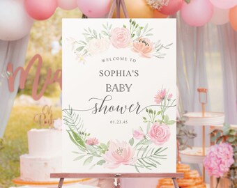 Könnte beinhalten: Ein rosa-grünes Blumen-Willkommens-Schild für eine Babyparty mit dem Text "Willkommen zur Babyparty von Sophia" und dem Datum "01.23.45".
