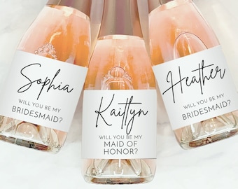 Mini Champagne Bottle Labels, Will You Be My Bridesmaid, Bridesmaid Proposal, Printable Template, Maid of Honor, Custom, Modern Minimalist