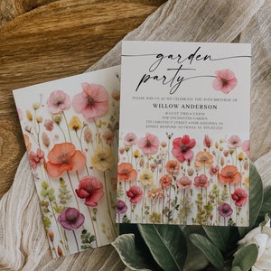 Garden Party, Wildflower Birthday Party Invite Template, Flower Stems, Printable Birthday Invitation, Instant Download, Colorful Flower